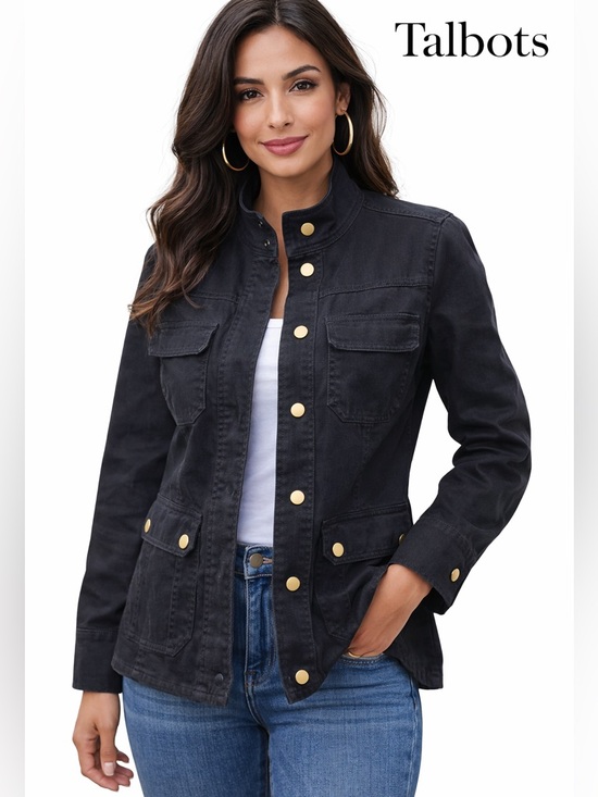 Talbots Jackets & Blazers - Talbots Black Denim Utility Jacket Gold Snap Button 100% Cotton NWOT Petite 8